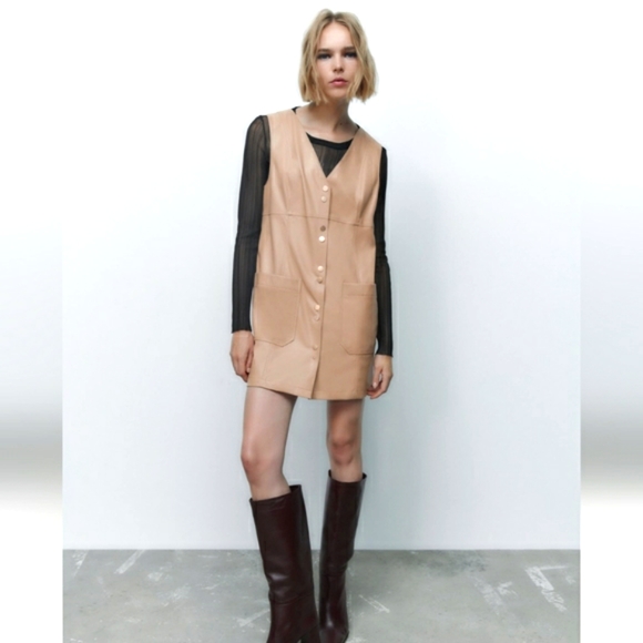Zara Dresses & Skirts - Zara FAUX LEATHER MINI PINAFORE DRESS bloggers favorite